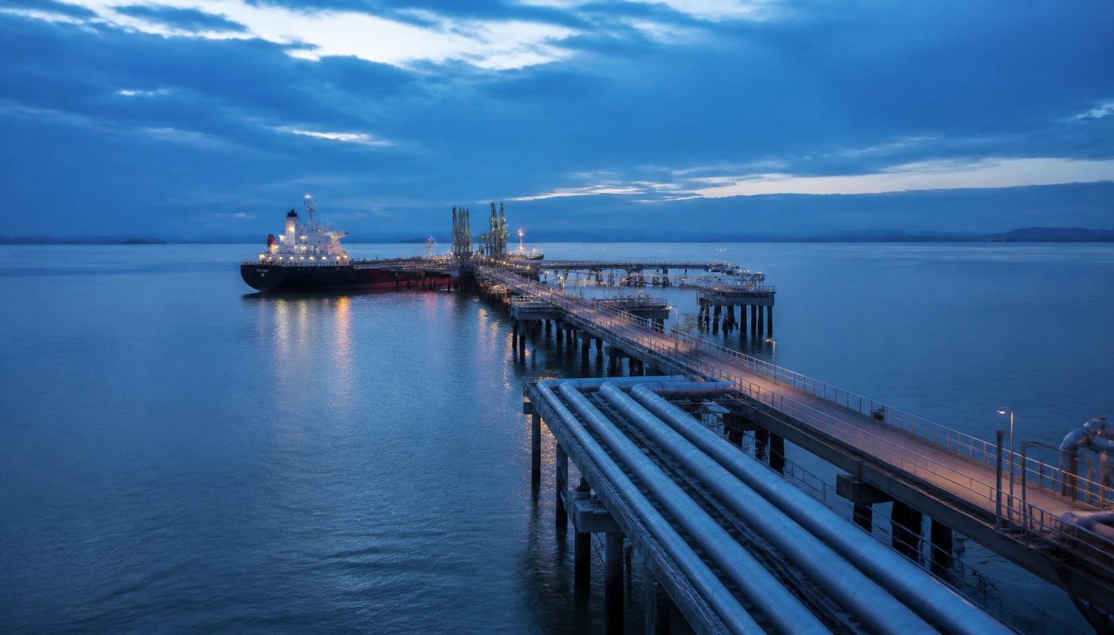 Crude oil export terminal jetty with a moored tanker at blue hour